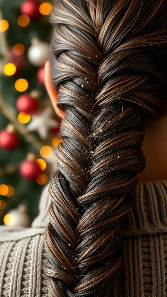 A close-up of a fishtail braid with glitter accents, set against a festive background with Christmas decorations.