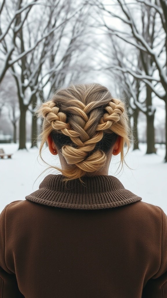 A woman with a messy bun and braided halo hairstyle, standing in a snowy park.