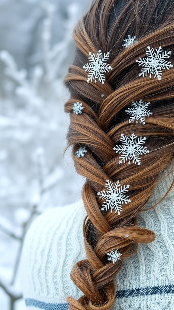 A lace braid hairstyle adorned with snowflake decorations, set against a snowy background.