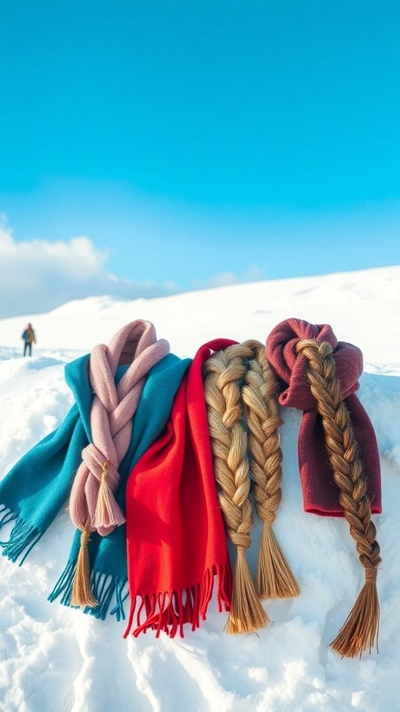 Colorful chunky scarves and braided hairstyles displayed against a snowy background.