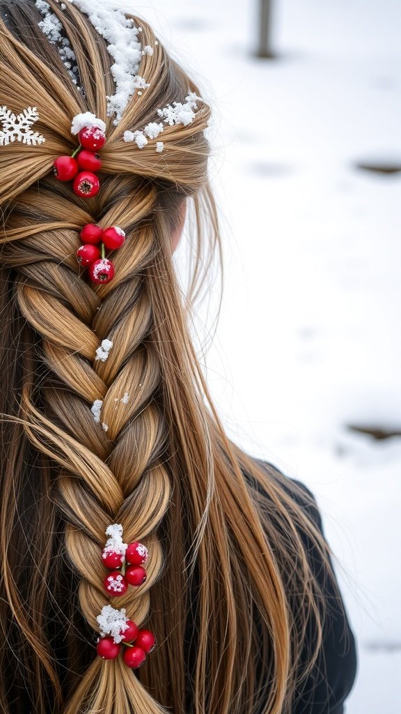 A waterfall braid with red berries and snow accents on a winter background.