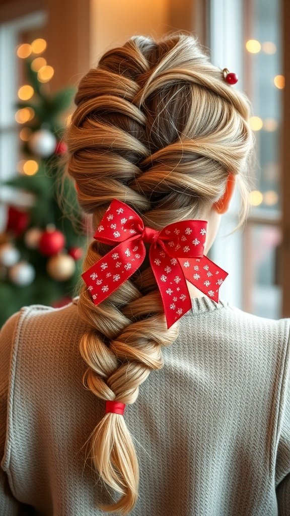 A classic French braid adorned with a festive red bow, set against a backdrop of holiday decorations.