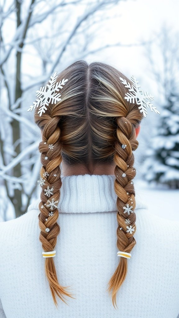 Twisted braids with snowflake accessories in a winter setting