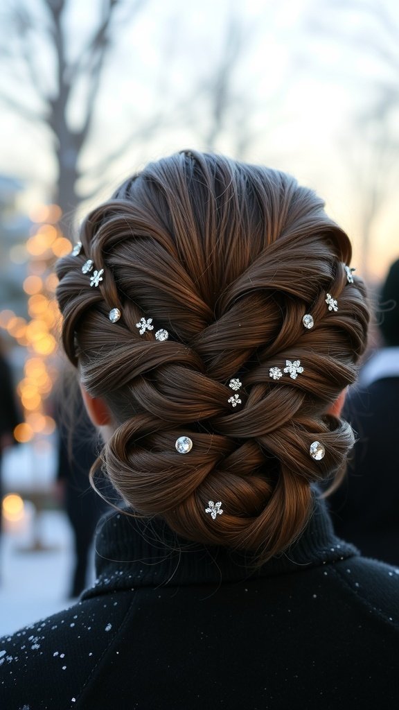 A beautiful braided updo adorned with sparkling hairpins, set against a wintery background.