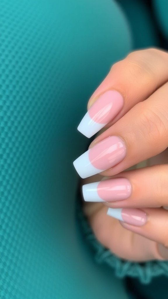 Short acrylic nails with elegant French tips, featuring a soft pink base and white tips.