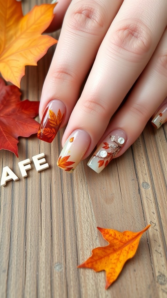 Short square acrylic nails with autumn leaf designs on a wooden surface