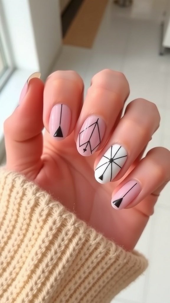 A close-up of short almond acrylic nails featuring minimalist geometric patterns in black on a white background.