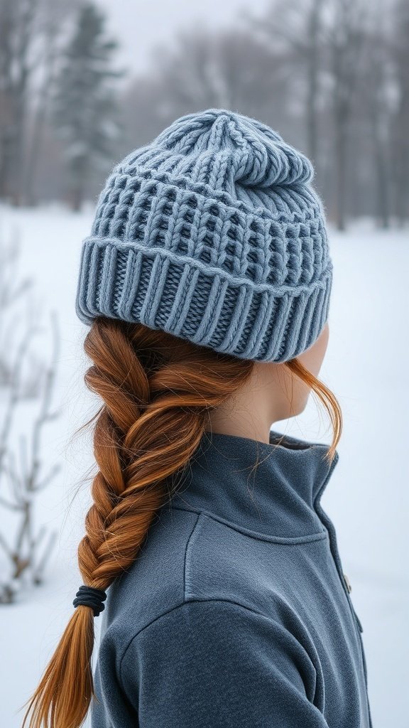 A young person with a braided hairstyle wearing a knit beanie, set against a snowy background.