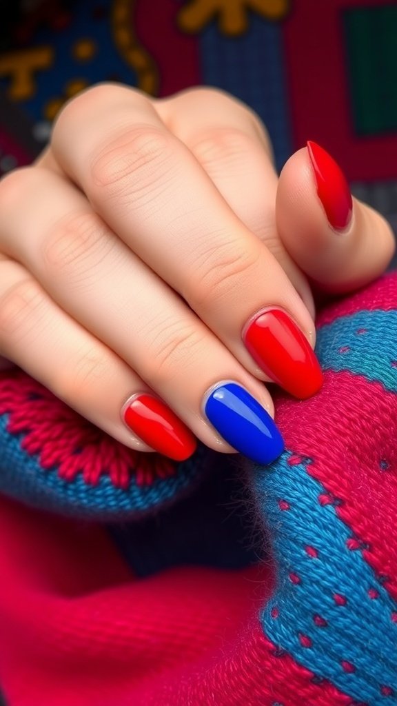 A close-up of short almond acrylic nails painted in bold red and blue colors.