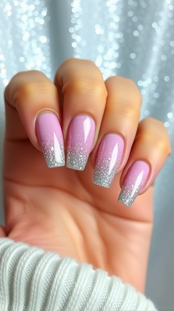 Short acrylic nails with an ombre fade from pink to silver glitter tips