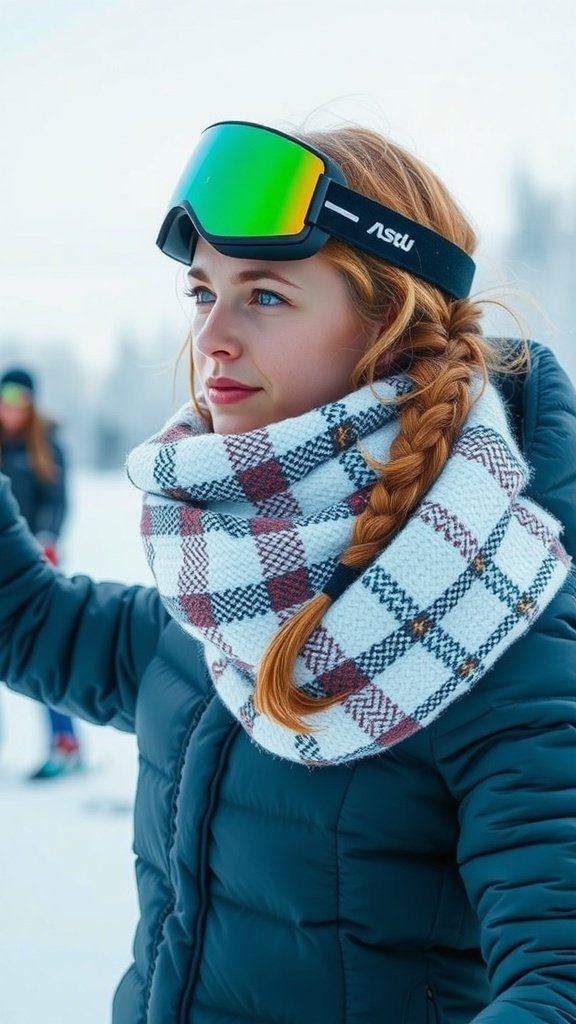 A young woman wearing a plaid scarf and a braid, enjoying winter activities.