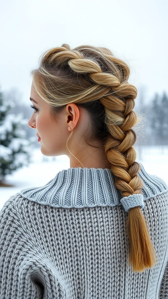 A woman with a chunky knit braid hairstyle, wearing a cozy sweater, against a snowy background.
