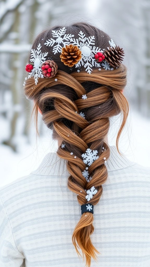 A half-up braid hairstyle decorated with snowflakes, pinecones, and red berries, set against a snowy background.
