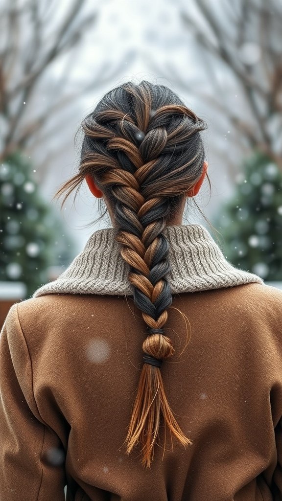 A woman with a romantic braided ponytail, wearing a cozy sweater, set against a wintery backdrop.