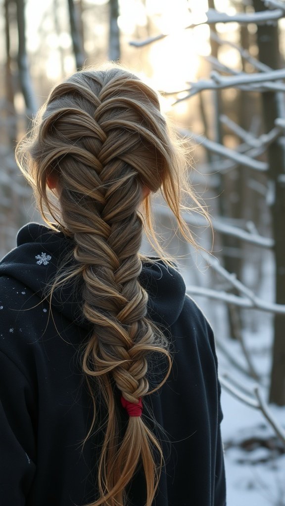 A person with a waterfall braid standing in a snowy forest, with sunlight filtering through the trees.