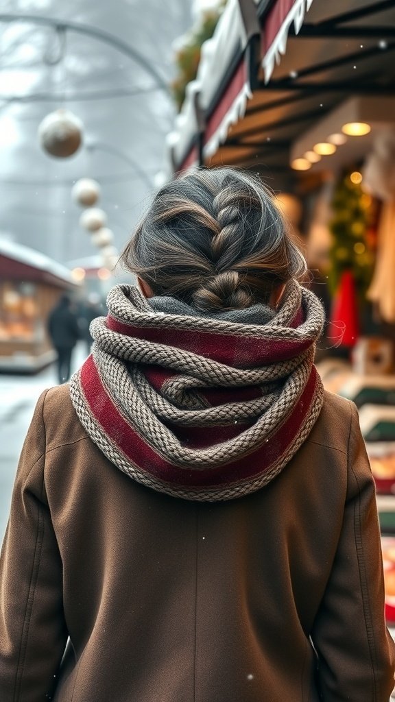A woman with a braid wearing a chunky scarf, showcasing a stylish winter look.