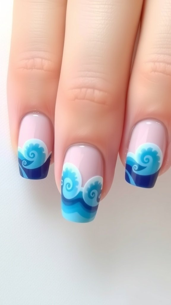 Short acrylic nails with ocean wave designs in blue and white.