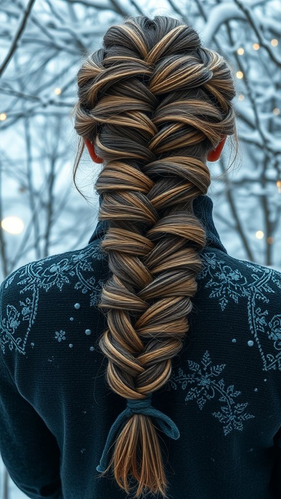 A detailed lace braid hairstyle on a person wearing a cozy sweater in a winter setting.