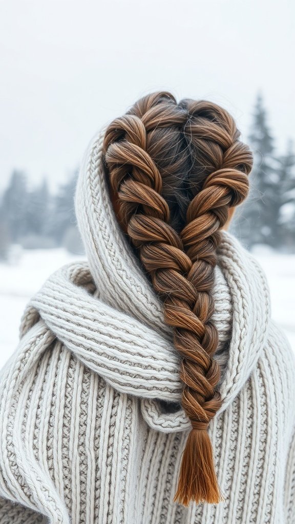A person with a chunky rope braid wearing a cozy scarf in a snowy setting.