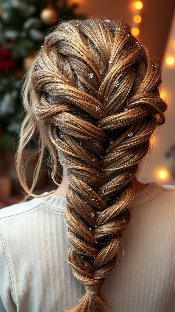 A layered braid hairstyle adorned with glittery accents, set against a cozy winter backdrop.