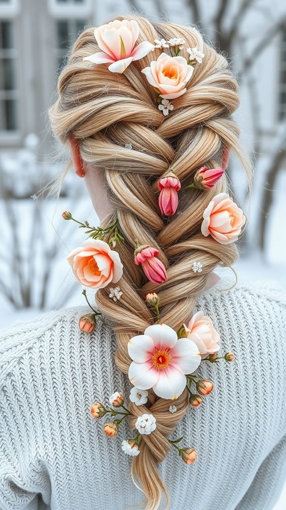 A beautifully braided hairstyle adorned with winter flowers, set against a snowy background.