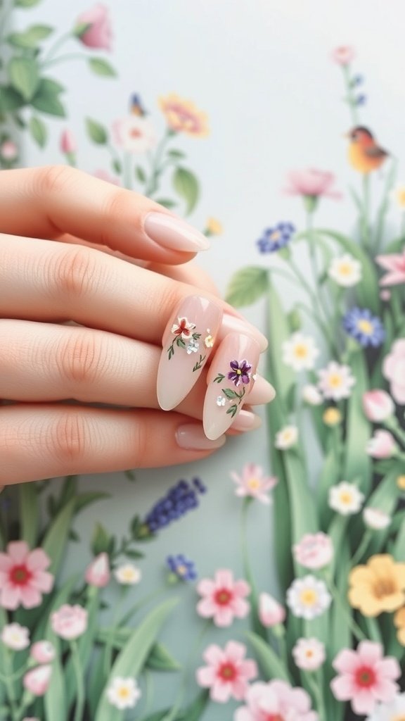 Short almond acrylic nails with floral designs on a soft nude background, surrounded by colorful flowers.