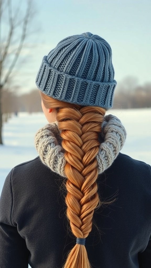 A person with a classic French braid wearing a knitted hat in a winter setting.