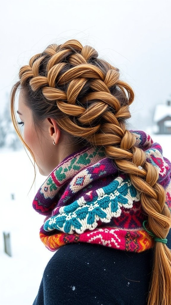 A woman with a thick braid and a colorful chunky scarf in a snowy setting.