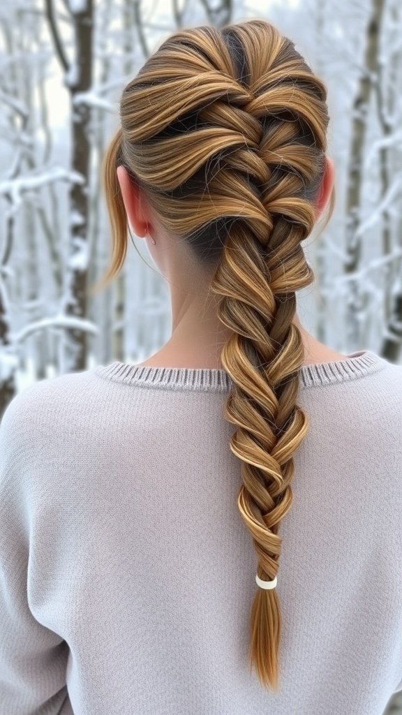 A woman with a braided half-up hairstyle, set against a snowy background.