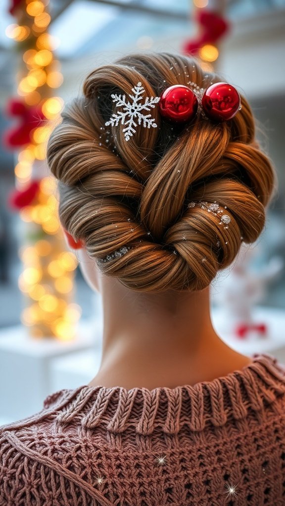 A braided bun hairstyle adorned with glittering snowflakes and red ornaments, showcasing a festive winter look.