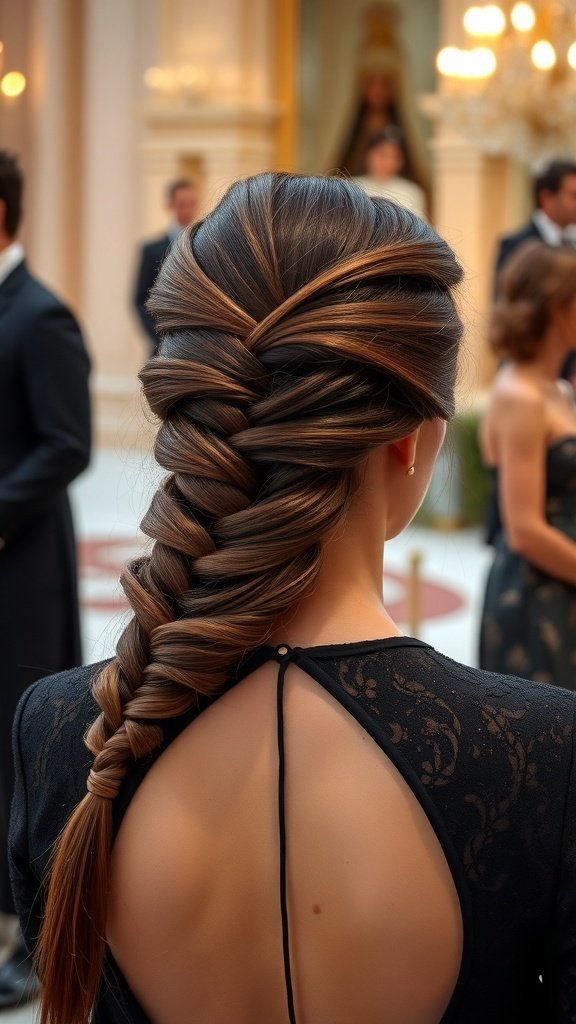 A sleek braid hairstyle suitable for formal winter events, featuring smooth strands and an elegant design.