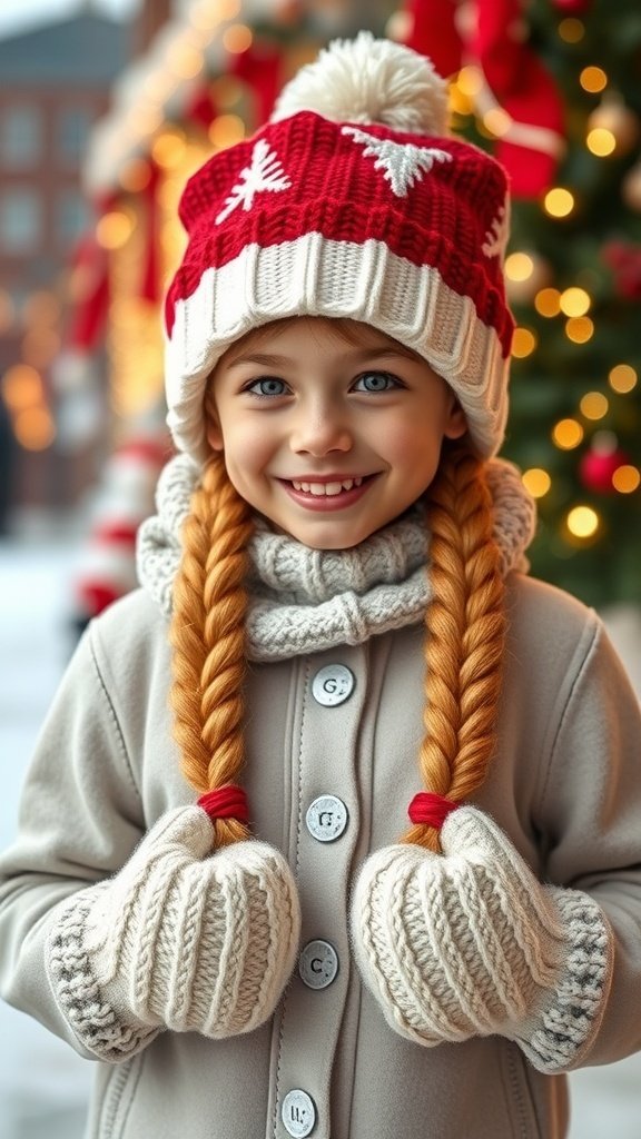 A young girl with double braided pigtails, wearing a red and white striped hat and red mittens, smiling in a festive setting.