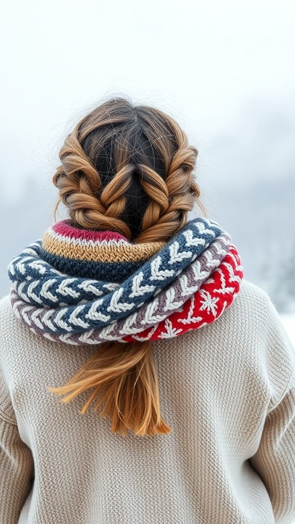 A woman with two braids wearing a chunky scarf in a winter setting.