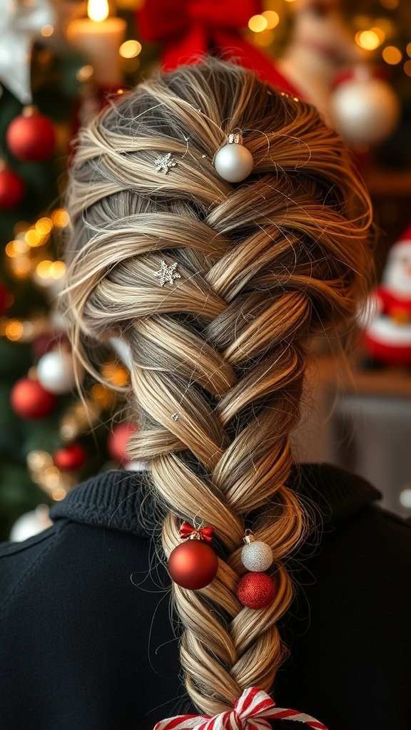 A twisted braid with holiday glitter and decorations, set against a festive background with Christmas decorations.