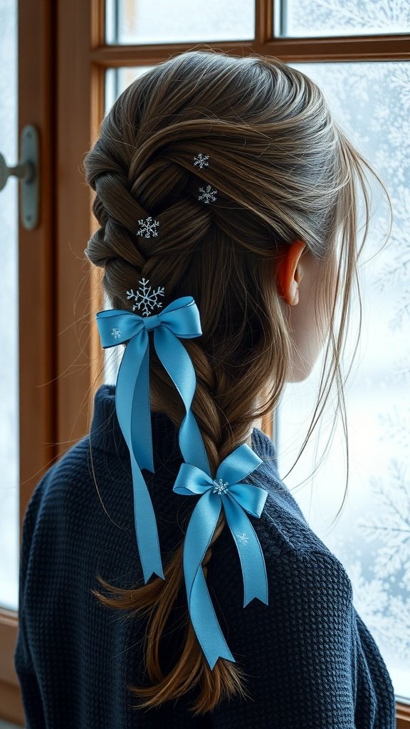 A side braid hairstyle adorned with blue ribbons and snowflake clips, set against a snowy window backdrop.