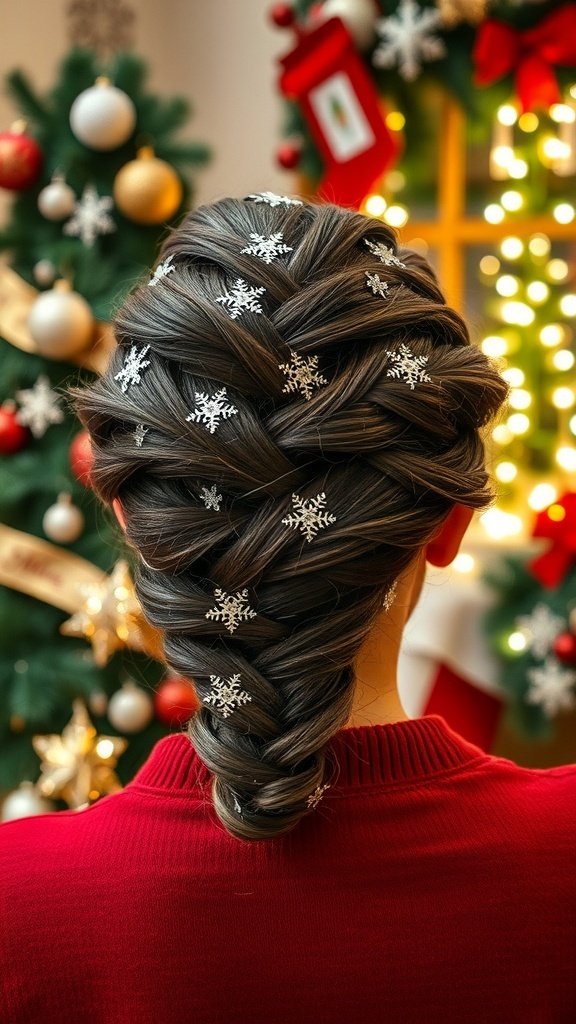 A twisted braid updo adorned with glittering snowflakes, set against a festive background with Christmas decorations.