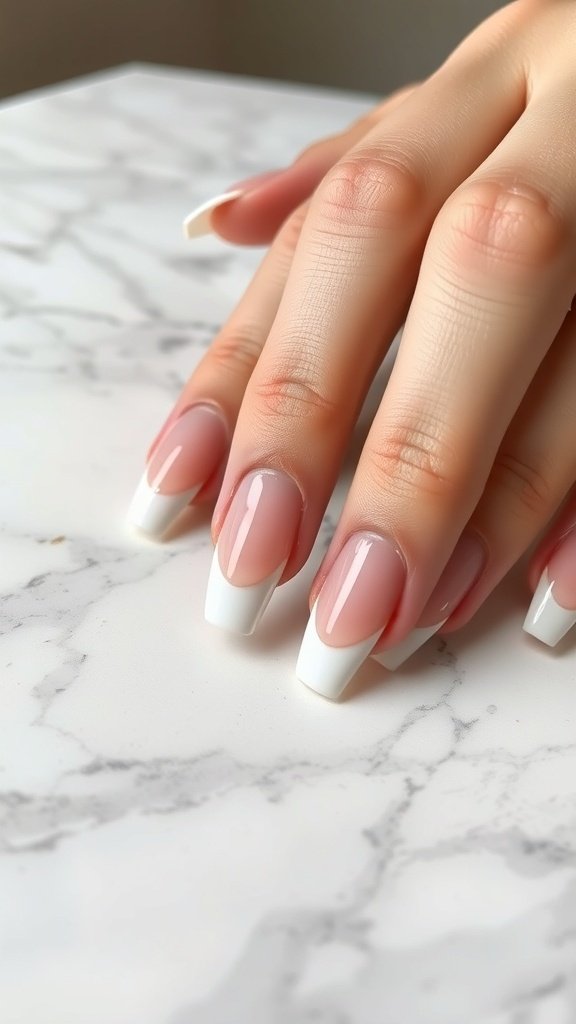 Close-up of short acrylic nails with classic white French tips on a marble surface.
