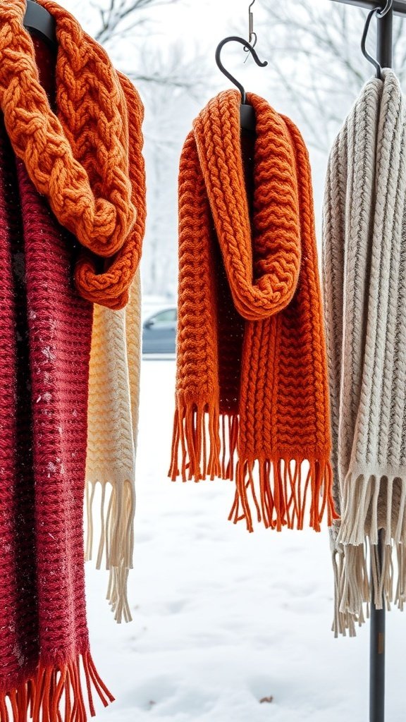 A collection of chunky scarves in warm colors hanging against a snowy backdrop.