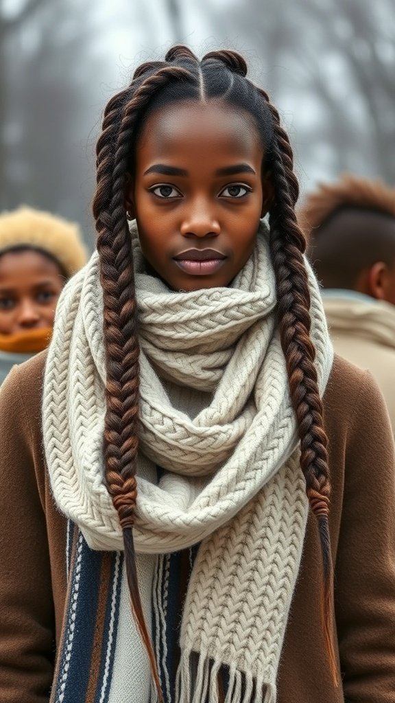 A young woman with two braids and a chunky scarf, showcasing a stylish winter look.
