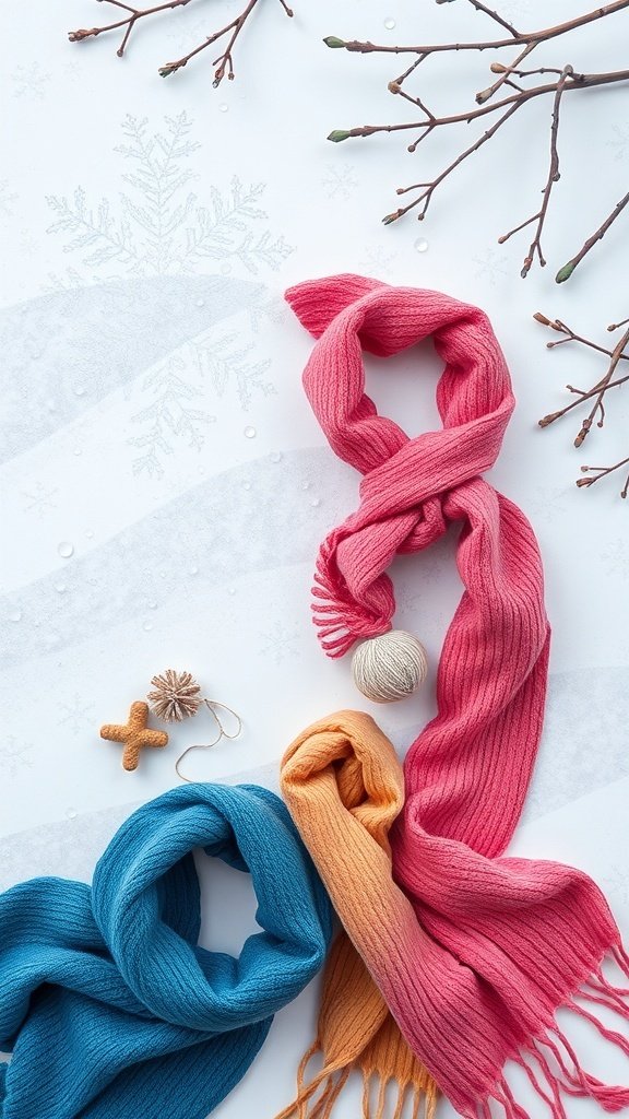 Colorful chunky scarves in pink, blue, and orange arranged with winter elements.