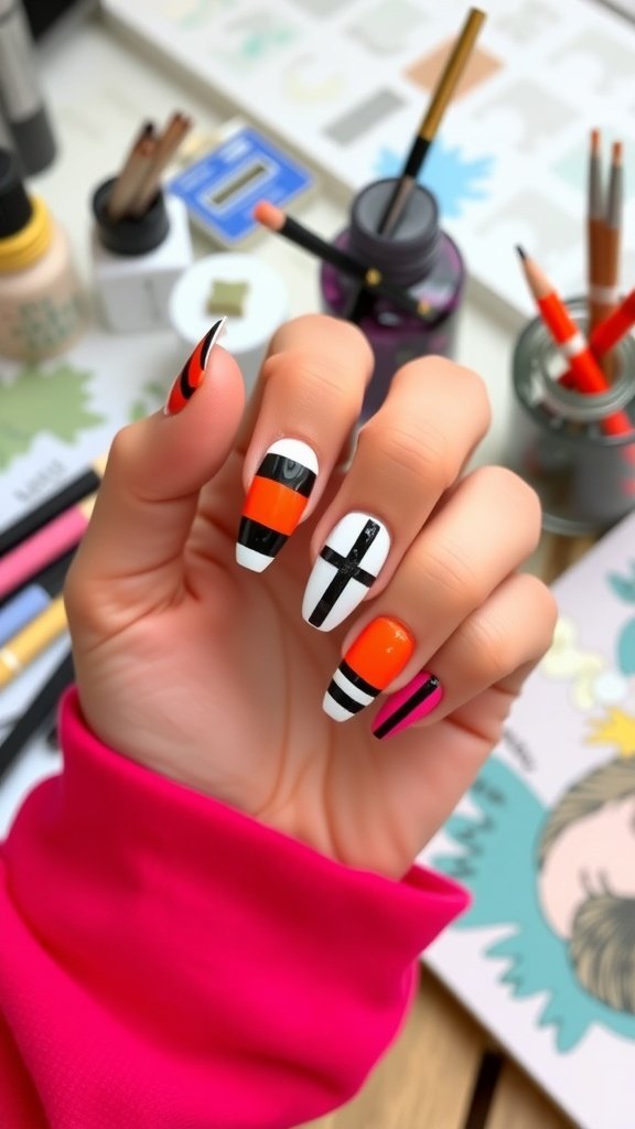 A hand with short acrylic nails featuring bold stripes of red, blue, and white, surrounded by art supplies.