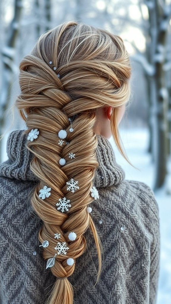 A fishtail braid adorned with snowflake and pom-pom accents, set against a snowy background.