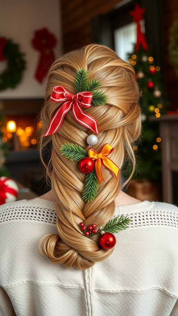 A beautifully braided loaf of bread decorated with red ribbons, surrounded by holiday decorations.