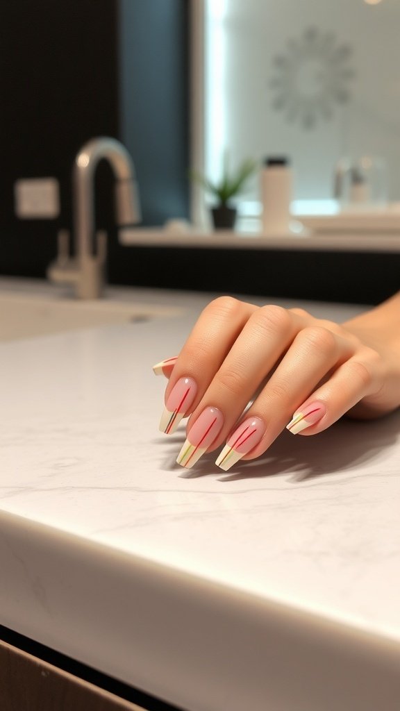 Short square acrylic nails with classic French tips featuring a curved design.