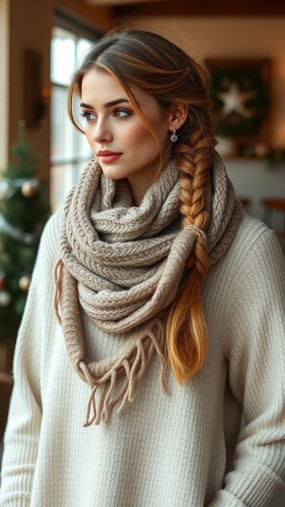 A woman wearing a chunky scarf and a winter braid, showcasing a stylish winter outfit.