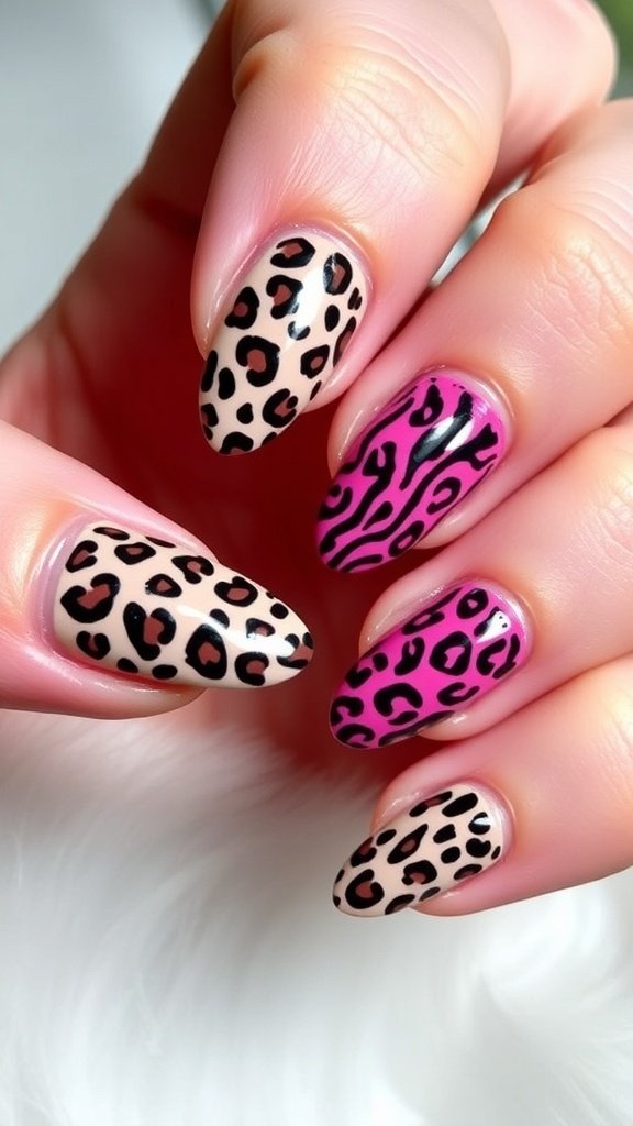 A hand showing short acrylic nails with orange and black leopard print and black and white zebra stripes.