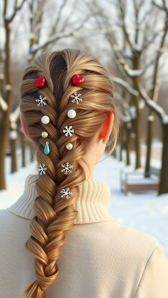 A winter-themed braid decorated with snowflake and heart hairpins.