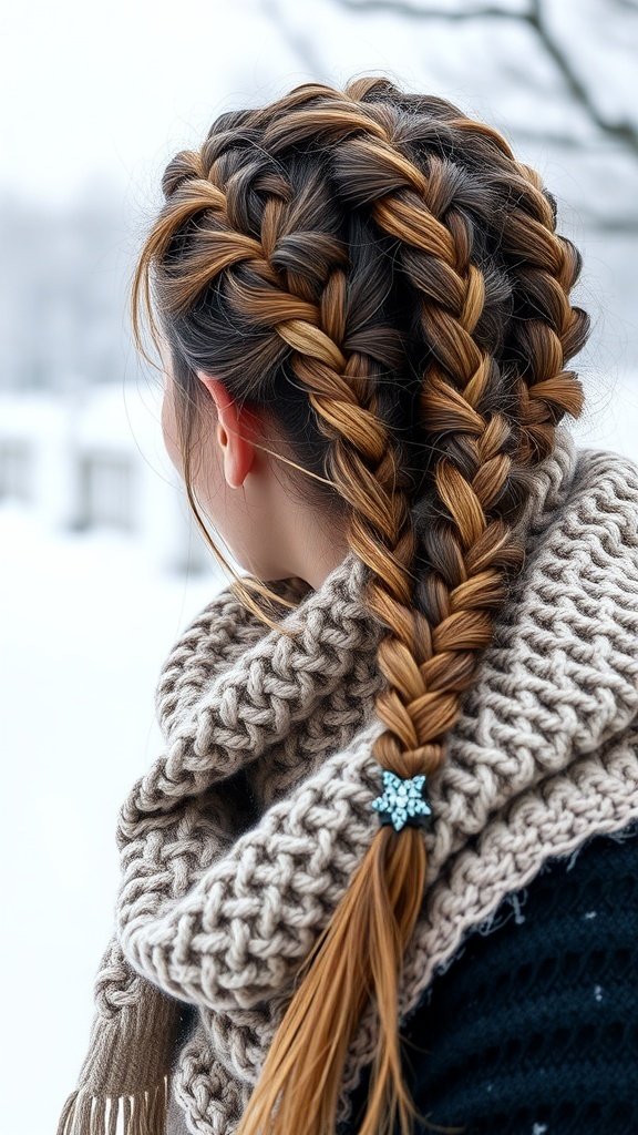 A woman with braided hair wearing a cozy knit scarf in a winter setting.