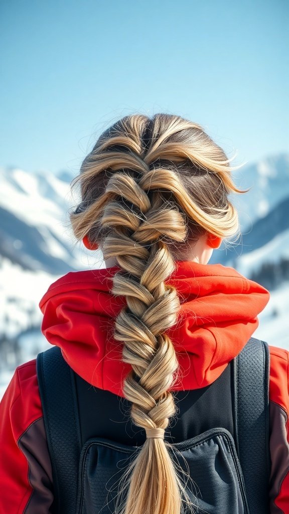 A fishtail braid hairstyle on a person wearing a red hoodie, set against a snowy mountain backdrop.