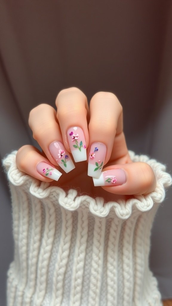 A close-up of short acrylic nails featuring floral designs on a French tip manicure.